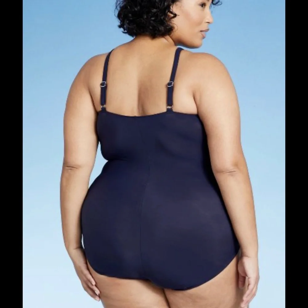 NWT Aqua Green [‎ Plus 20W ] Crochet High Neck One Piece Swimsuit Navy